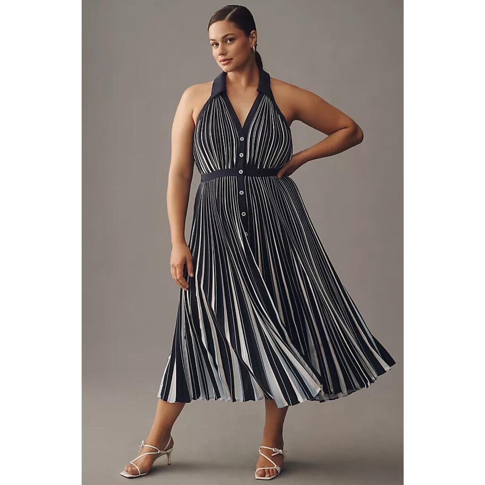 Anthropologie Black and White Striped Halter Midi Dress